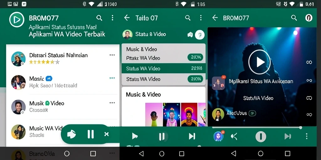 Antarmuka BROMO77 menampilkan koleksi video musik yang menarik untuk status.